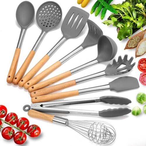 9Pcs Premium Silicone Kitchen Utensils Cooking Utensils Set with Stainless Steel and Wood Handle for Kitchen Tool