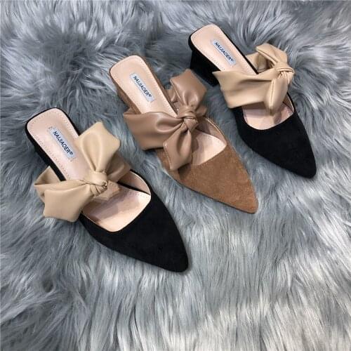 2021 summer pointed suede bow temperament was thin baotou thick with high heels sandals female