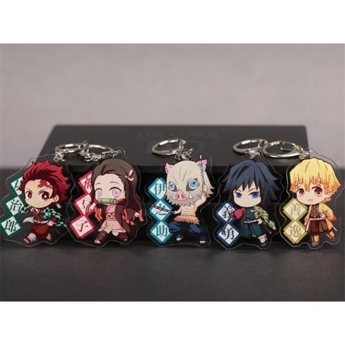 Acrylic Anime Demon Slayer Keychain Cute Brinco Blade Of Ghost Key Chain Kamado Tanjirou Cosplay Pompom Yaiba Keyring Pendant