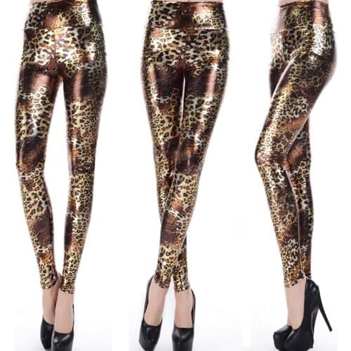 DROZENO Pencil pants shiny golden leopard pattern nine-point high-waist imitation leather feet pants PU fashion leggings women