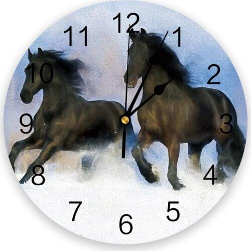 Oil Painting Style Horse Galloping In The Snow Modern Wall Clock For Home Office Decoration Living Room Bathroom Hanging Watch