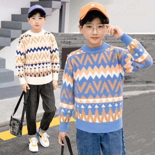 Boys Sweater Kids Outwear Tops 2021 Retro Fleece Thicken Warm Winter Autumn Knitting Pullover Children Clothing