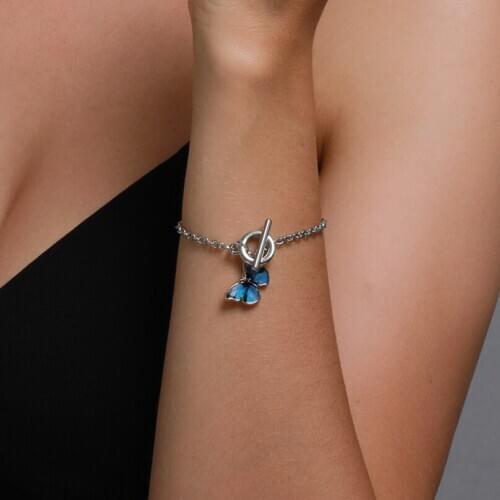 INS Cute Blue Butterfly Bracelets Anklet for Women Korea Aesthetic Butterfly Cross Chain hand Chain Jewelry for Girl Bff Lovers