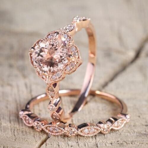 2 Pcs/Set Classic Round Cut Rings For Women Rose Gold Cubic Zircon Crystal Ring Set For Wedding Engagement Jewelry Womens Rings