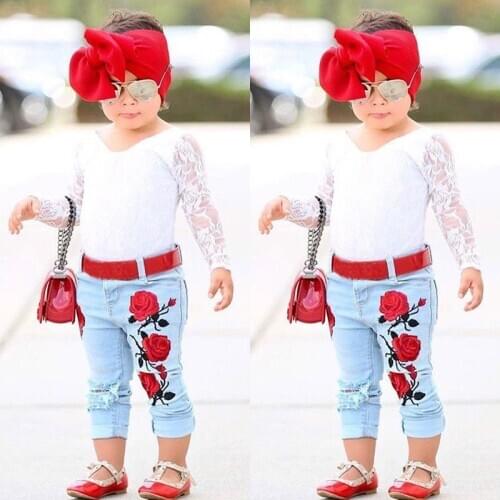 Baby Kids Girls Lace Clothes Set Long Sleeve Lace Tops+3D Flower Denim Pants Outfits 2pcs 2017 New Arrival Children Clothing Set