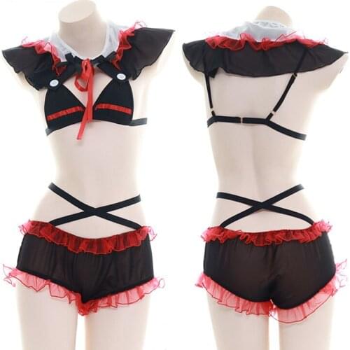 Lolita Punk Maid Servent Costume Sexy Lingerie Lace Bra and Panty Set for Women Cute Devil Cosplay Uniform Camisoles Set Black