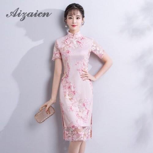 Pink Lace Cheongsam Mini Dress Summer Fashion Half Sleeve Oriental Style Party Dresses Modern Chinese Wedding Qipao Short Qi Pao