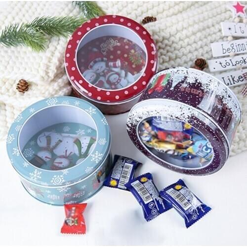 Mini Round Christmas Candy Box Candy Metal Tin Cans Transparent Cookies Chocolate Case with Cover Christmas Decoration Kids Gift