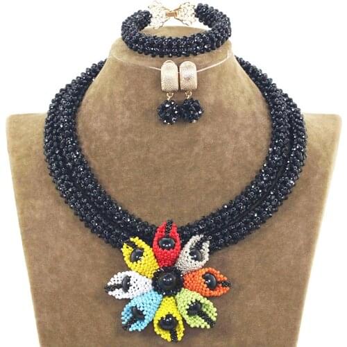 Multicolor Handmade Flowers Black Ladies Jewelry Sets Bridal Wedding Jewelry Set With Nigerian Beads Necklace Jewellery ABH551