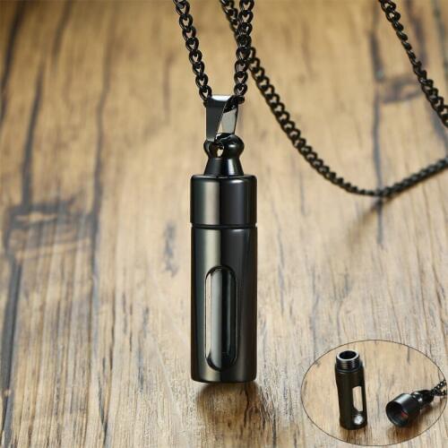 Mens Black Urn Ashes Necklace Can Be Opened Stainless Steel Keepsake Pendant collar masculino Free Chain 24"