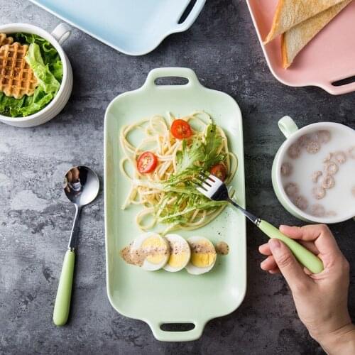 Breakfast Tableware Set With Two Ears Binaural Dinnerware Creative Soup Tray Dessert Plate Ceramic Bowl Dish Spoon Forks Cutlery