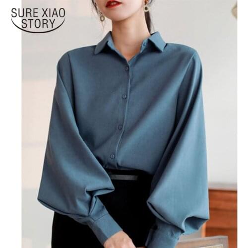 2021 New Fashion Women Blouse Tops Casual Cardigan Lantern Sleeve Solid Elegant Shirts Women Female Clothes White Blusas 8026