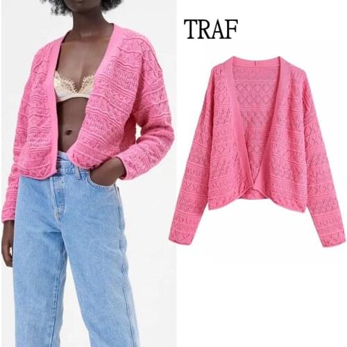 TRAF Za 2021 Autumn Cardigan Sweater Women Long Sleeve Top Rose Red Loose Womens Sweater Korean Fashion Women Clothing Coats