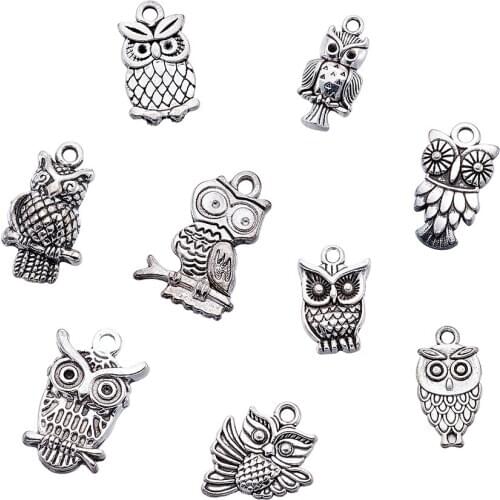 50pcs Alloy Owl Pendants Tibetan Style Charms for Jewelry Bracelet Necklace Chain Findings DIY Accessories Antique Silver Color