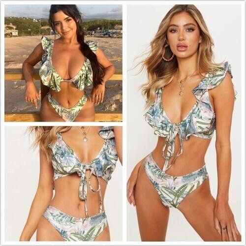 Sexy Ruffle Shoulder Bikinis Women Ruffled V-Neck Swimwear Tied String Push Up Bikini Set Falbala Bathing Suit Biquini Beachwear