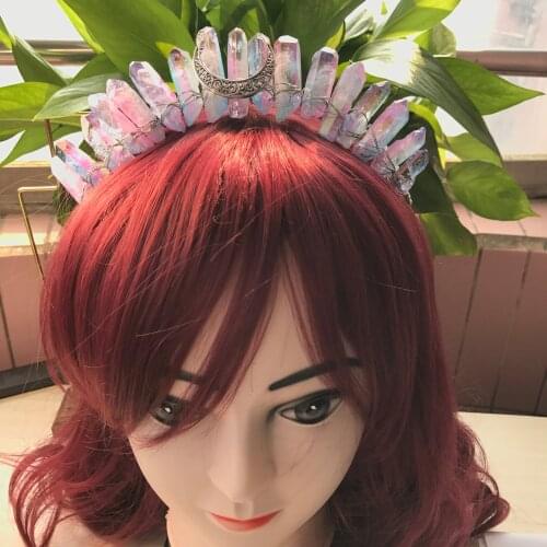 Silvery Moon Wire Wrapped Raw Crystal Point Crown Tiara,Healing Quartz Party Bridal Witchcraft Women Hairband Jewelry QC5005