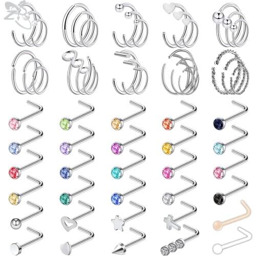 ZS 60Pcs/lot CZ Crystal Nose Rings 316L Stainless Steel Nose Studs L Shape Nose Piercings Hoop Studs Screw 20G Piercing Jewelry