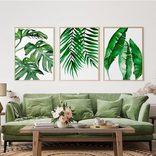 Scandinavian Tropical Leaves Green Watercolor Poster Modern Fresh Wall Art Canvas Painting Picture for Living Room Home Decor