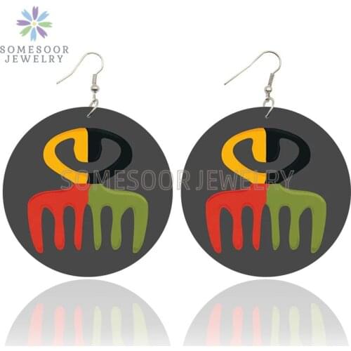 SOMESOOR Afrocentric Ethnic Comb Wooden Drop Earrings Tribal Curly Natural Hair Design Printed Loops Dangle Jewelry For Women