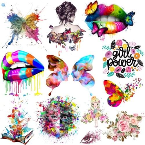 Pulaqi Diy Butterfly Girl Patches Thermal Iron On Patches Fashion Stripes Transfer Fusible Clothing On Clothes Applique T-Shirt