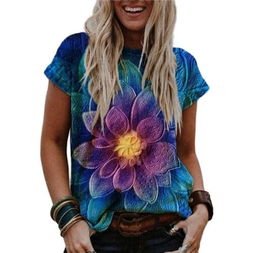 Summer Fahion Women Short Sleeve O-Neck Top Casual Loose Floral Printed Harajuku Tee Tshirts Ladies Vintage Tops Clothing