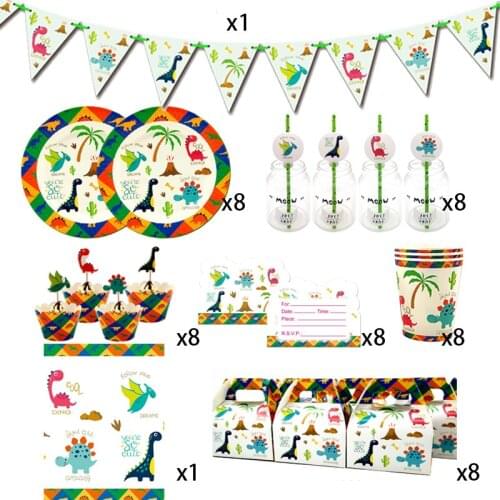 Party supplies 58pcs for 8kids 2019 New Dinosaur theme birthday party decoration tableware set, plate+cup+straw+flag+tablecover