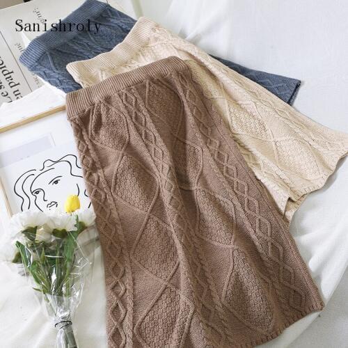 Sanishroly New Women Long Skirts Autumn Winter Elastic High Waist Knitted Skirt Female A-Line Sweater Skirt Saia Plus Size SE780