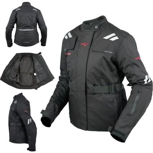 Women motorcycle jacket waterproof fabric CE protectors travel Black