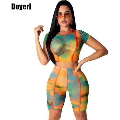 Tie Dye Print 2 Piece Outfits for Women Two Piece Set Crop Top and Shorts Set Sheer Mesh Sexy Club 2 Piece Summer Set Tracksuit
