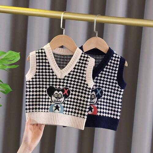 Winter Fall Plaid Sweater Vest Girls Boys Baby Waistcoat V-Neck Sleeveless Knitted Tops White Black Children Clothes 4 6 5 Years