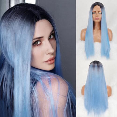 Long Straight Synthetic Wig Light Blue Ombre Wigs for Women Mixed Black and Blonde Wig Middle Part Nature Hair