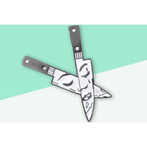 Gothic Double Knives Enamel Pins! Horror Crying Girl Dagger Inverted Image With Female Face Halloween Gift Jewelry Accessories