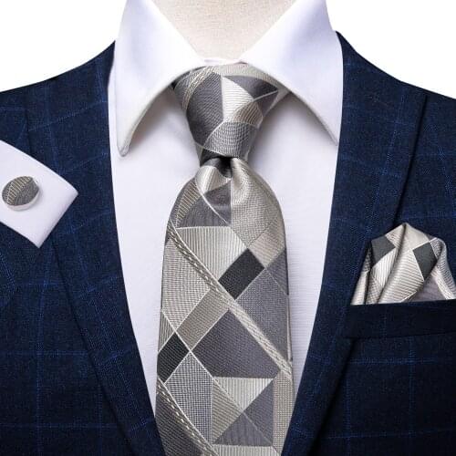 Hi-Tie Plaid Luxury Ties For Men Grey Striped Box Gifts For Mens Tie Hanky Cufflinks Set Silk NeckTie Formal Dresses Business
