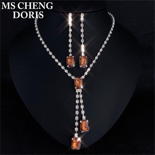 Coffee Color Square Drop Rhinestone Long Pendant Full Crystal Silver Plated Necklace & Earrings Bridal Wedding Jewelry Set Women