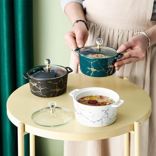 Golden ceramic stewing cup round household binaural insulated with glass cover bowl