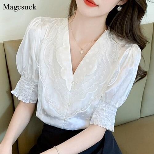 Summer Lace Chiffon Shirt Ladies Korean V Neck Puff Sleeve Polka Dot Blouse Women New French Style Loose White Female Tops 15220