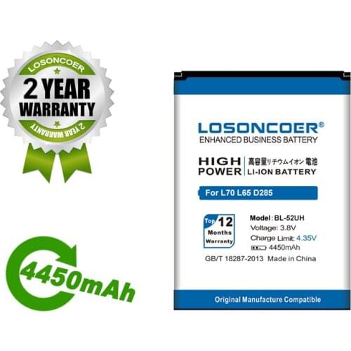 LOSONCOER Battery BL-52UH 4450mAh Battery For LG L70 L65 D285 D320 D325 D329 VS876 D280 D320N DUAL SIM H443 Escape 2