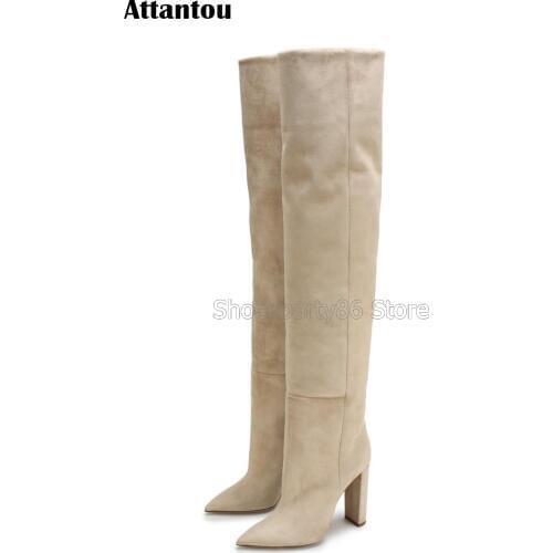 Fashion designer nude color suede leather pointed toe block heeled over the knee winter boots women side zipper for closure boot