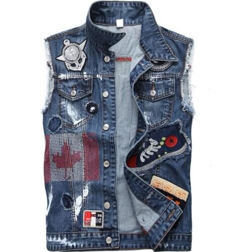 Mens Fashion Denim Vest Patchwork Embroidery Jeans Waistcoat Mens Slim Fit Sleeveless Jackets