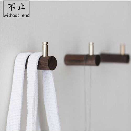 Nordic Hook Black Walnut Brass Coat Hook Single Hook Bathroom Wall Solid Wood Decorative Hook Japanese Pure Copper Hook