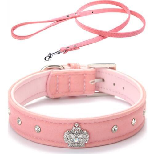 4 Colors Material Adjustable necklace Rhinestones Pet Cat Dog Crown Collar Soft Velvet Leash and Collar set XS S M L