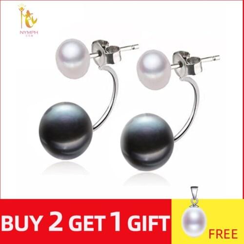 NYMPH Natural Pearl Stud Earrings Jewelry S925 Sterling Silver Genuine White Black Double Pearl Earrings Party [E205]