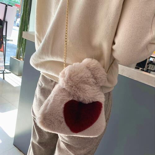 Super cute kids faux fur handbag leopard heart vest shape fur crossover it bag winter handbag drawstring handbag for girl small