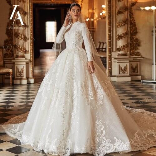 Wedding Dress Muslim Beaded Lace A-Line Vintage Appliques Bridal Gown 2020 Princess Court Train LelaAcra NO15 Vestido De Novia