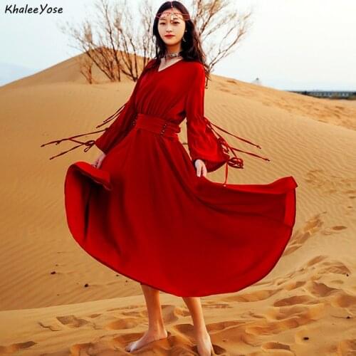 Khalee Yose Vintage Boho Maxi Dresses for Spring Autumn Holiday Women Dresses Long Sleeve Hollow Out V-neck Ladies Long Dress