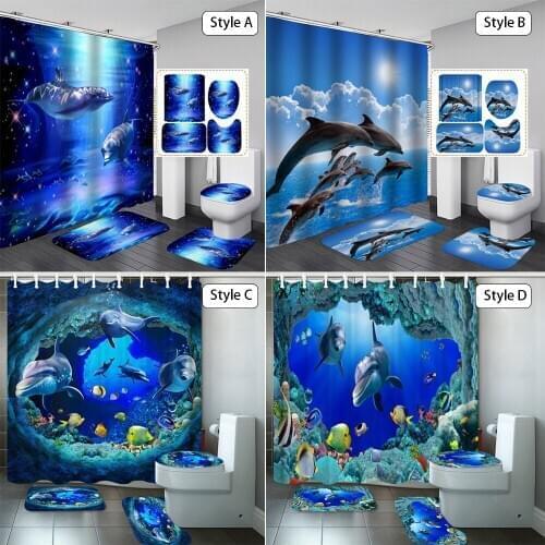 Ocean Dolphin Waterproof Shower Curtain and Rug Sets Sunlight Sea Landscape Bathroom Curtains Set Non Slip Toilet Lid Cover Mat