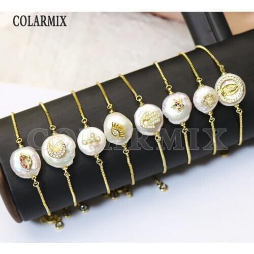 8 Pcs Pearls charms bracelet Natural fresh water pearl jewelry for lady Pearls charms gold color chain bracelet gift for lady