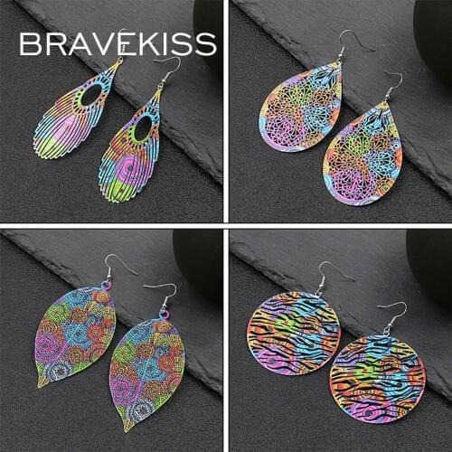 BRAVEKISS Vintage Leaf Shape Drop Bohomia Earrings For Women Gifts Colorful Hollowed Fashion Jewelry Trendy Earring Accessories