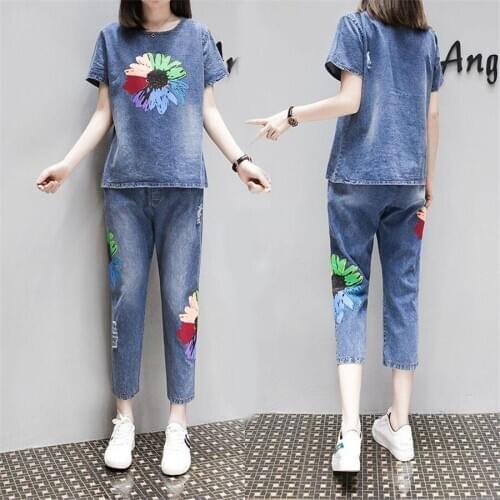 Casual Jean Suit For Women 2 Piece Set Korean Denim Sets print sunflower Femme Two Piece Outfits Summer Womens Trac