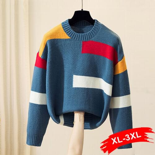 Oversize Size Women Plus Colorful Stripe Knitted Sweater 4XL Knitting Pullover Jumper Sweaters Autumn Loose Pull Femme